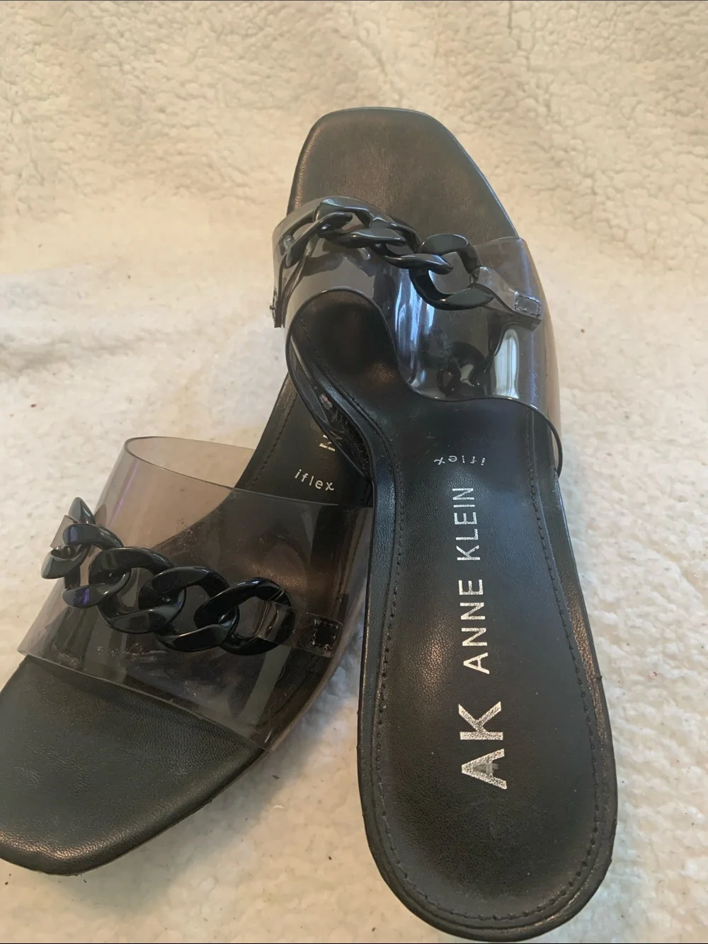 Anne Klein Black Slide Sandals with Clear Strap and Chain Accent